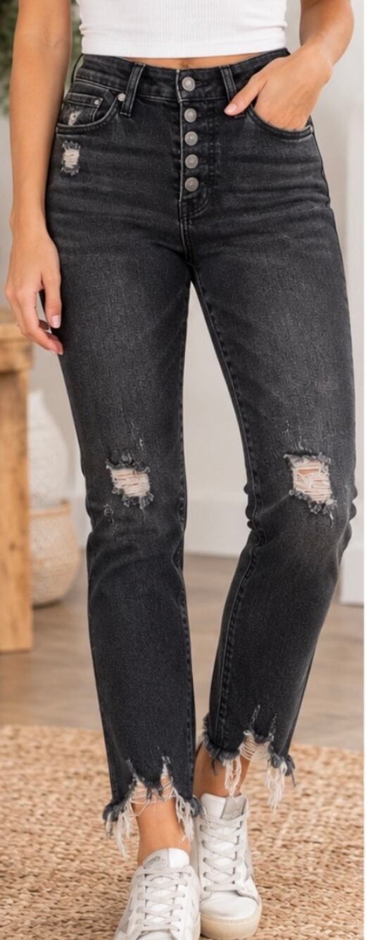 Judy Blue Black Distressed Skinny Jeans Button Fly Frayed Hem Size 11/30